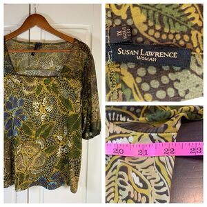 Susan Lawrence Woman Square Neck‎ Top Women's Size 1X Green Floral Office Church